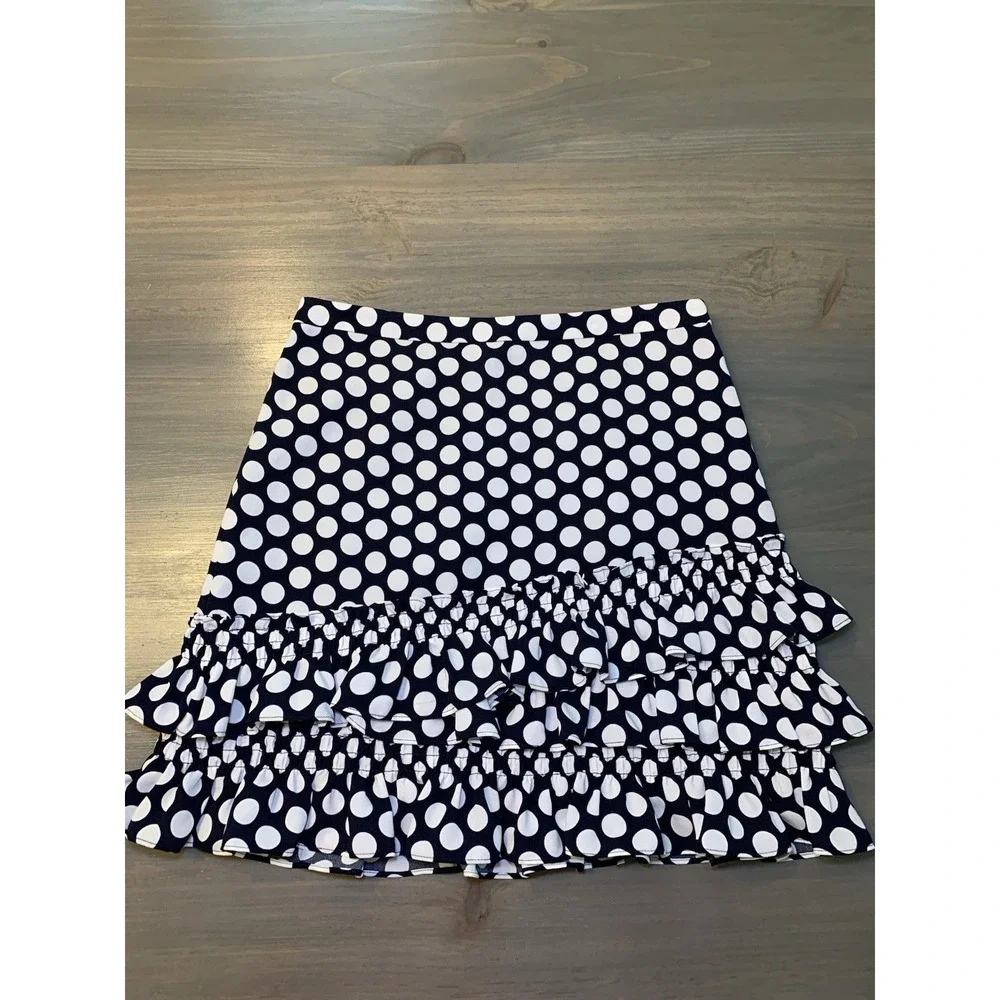 J Crew Navy And White Polka Dot Tiered Ruffle Hem Mini Skirt Women's Size 2 - Picture 1 of 13